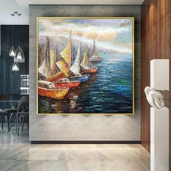Ručne Maľované Olejomaľba Stredomoria Pláva Loď A Pier Seascape Abstraktné Plátno Na Stenu Umenie Pre Live Izba Domáce Dekorácie