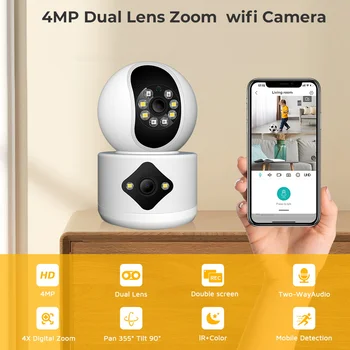 4MP, WiFi, Fotoaparát, Dual Screen Dual Objektívom Baby Monitor Ai Ľudských Detekcie Krytý Home Security CCTV kamerový
