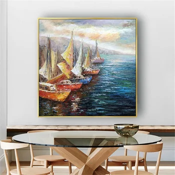 Ručne Maľované Olejomaľba Stredomoria Pláva Loď A Pier Seascape Abstraktné Plátno Na Stenu Umenie Pre Live Izba Domáce Dekorácie