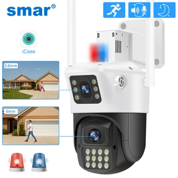 Smar 4MP PTZ Duálny Objektív Dvojitá Obrazovka IP Kamera, Vonkajšie Automatické Sledovanie Bezpečnosti Nočné Videnie CCTV Policajné Svetla, Alarm ICSEE